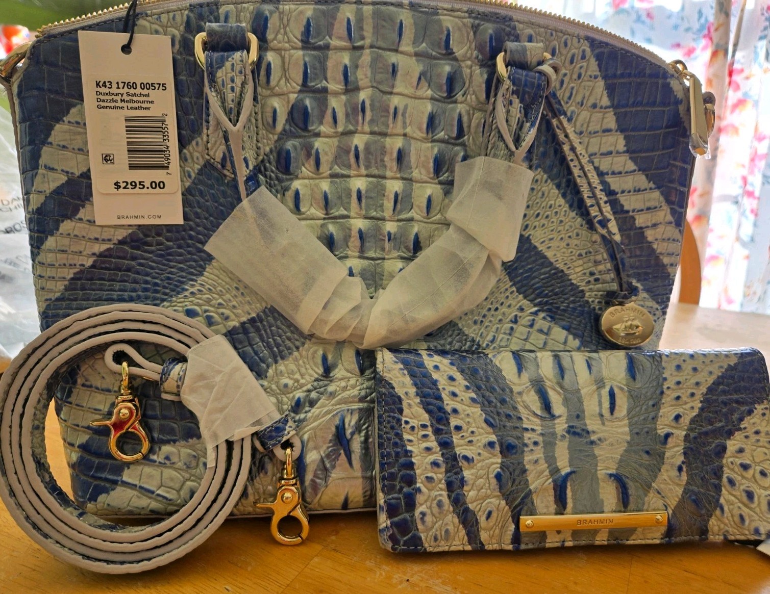 Brahmin Large Blue White Embossed Satchel w Wallet Detachable Strap Zip Brahmin Large Blue White Embossed Satchel w Wallet Detachable Strap Zip