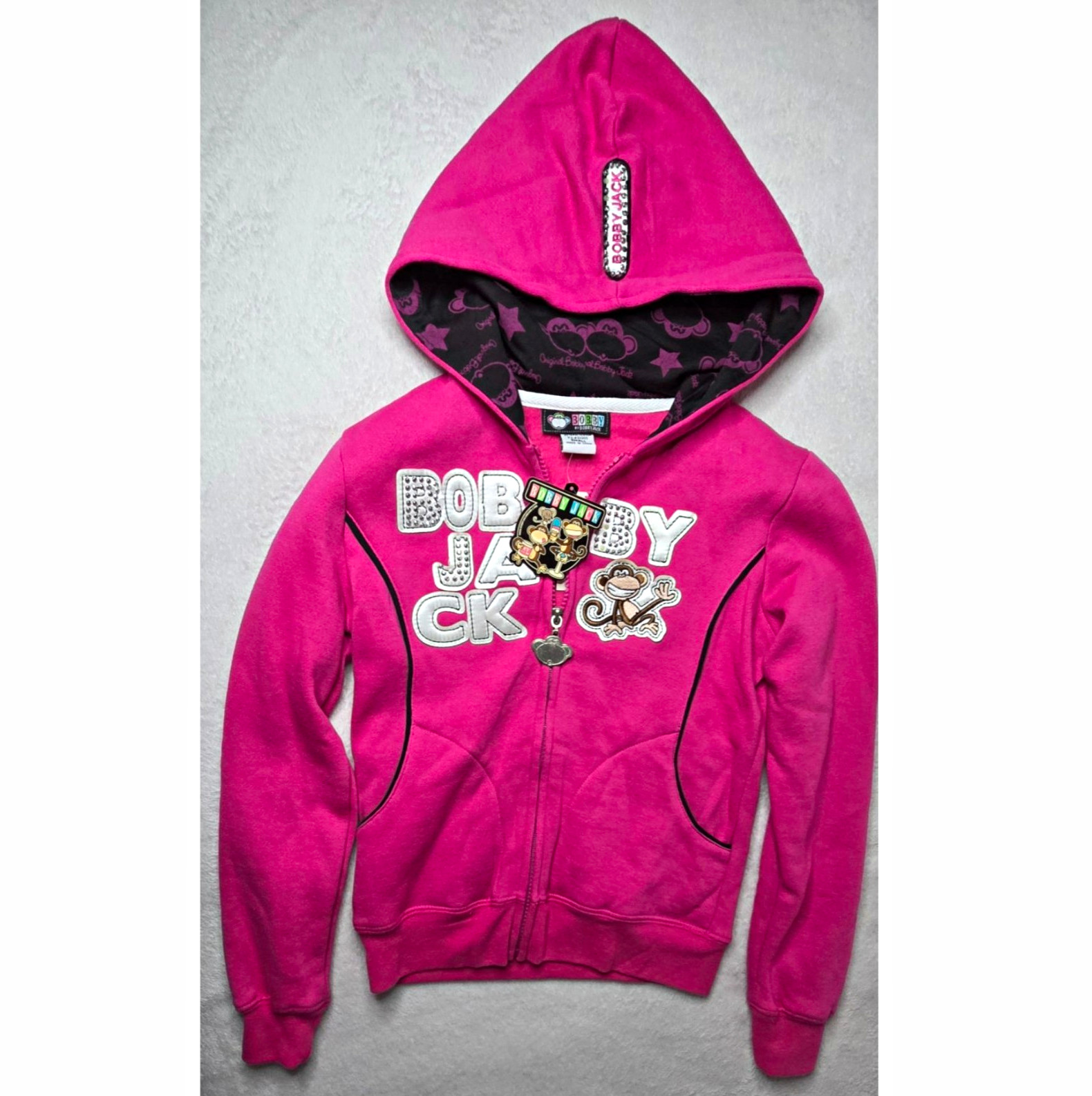 NWT Vintage Y2K Bobby Jack Pink Zip Up Hoodie Got Monkey Rhinestone Sticker Tag