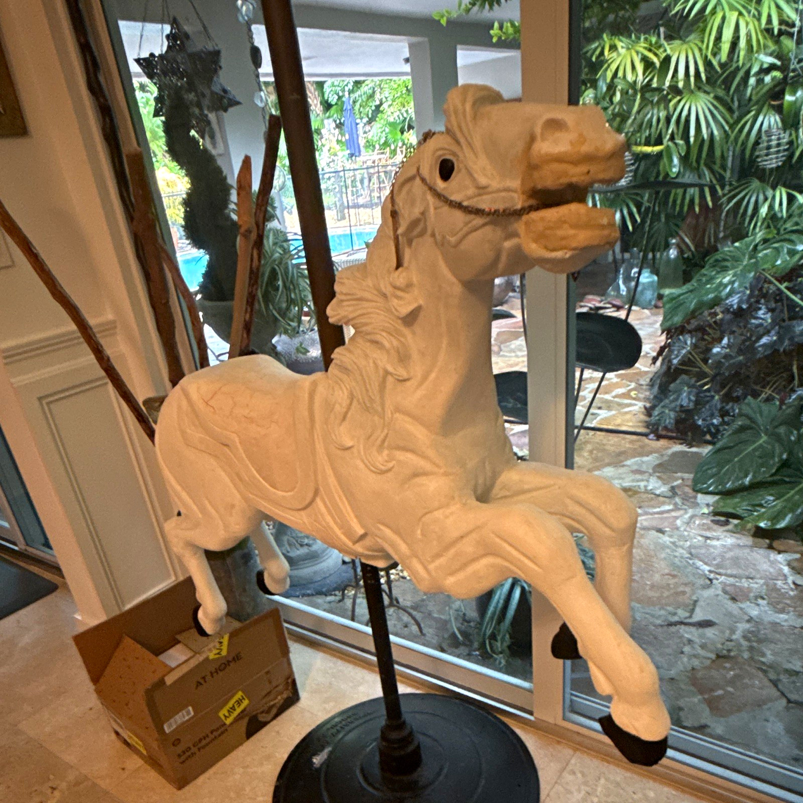 White Carousel Horse carved wood Figure Mounted on Black Stand Display Stand White Carousel Horse carved wood Figure Mounted on Black Stand Display Stand