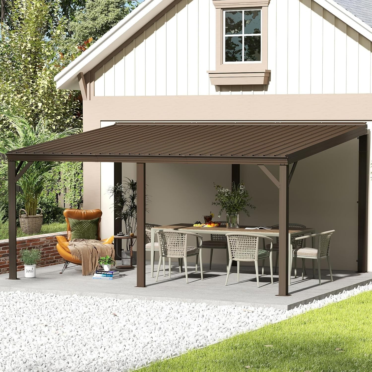 Domi 10x16FT Lean to Gazebo, Wall Mounted Gazebo w/Sloping Roof,Drainage System