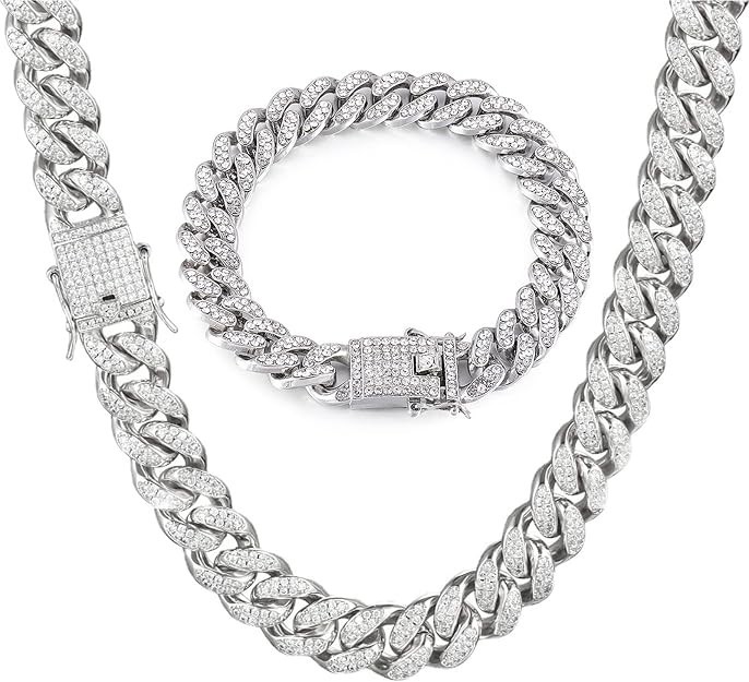 Cuban Link Chain Necklace Bracelet for Men Silver Miami Bling Diamond Hip Hop