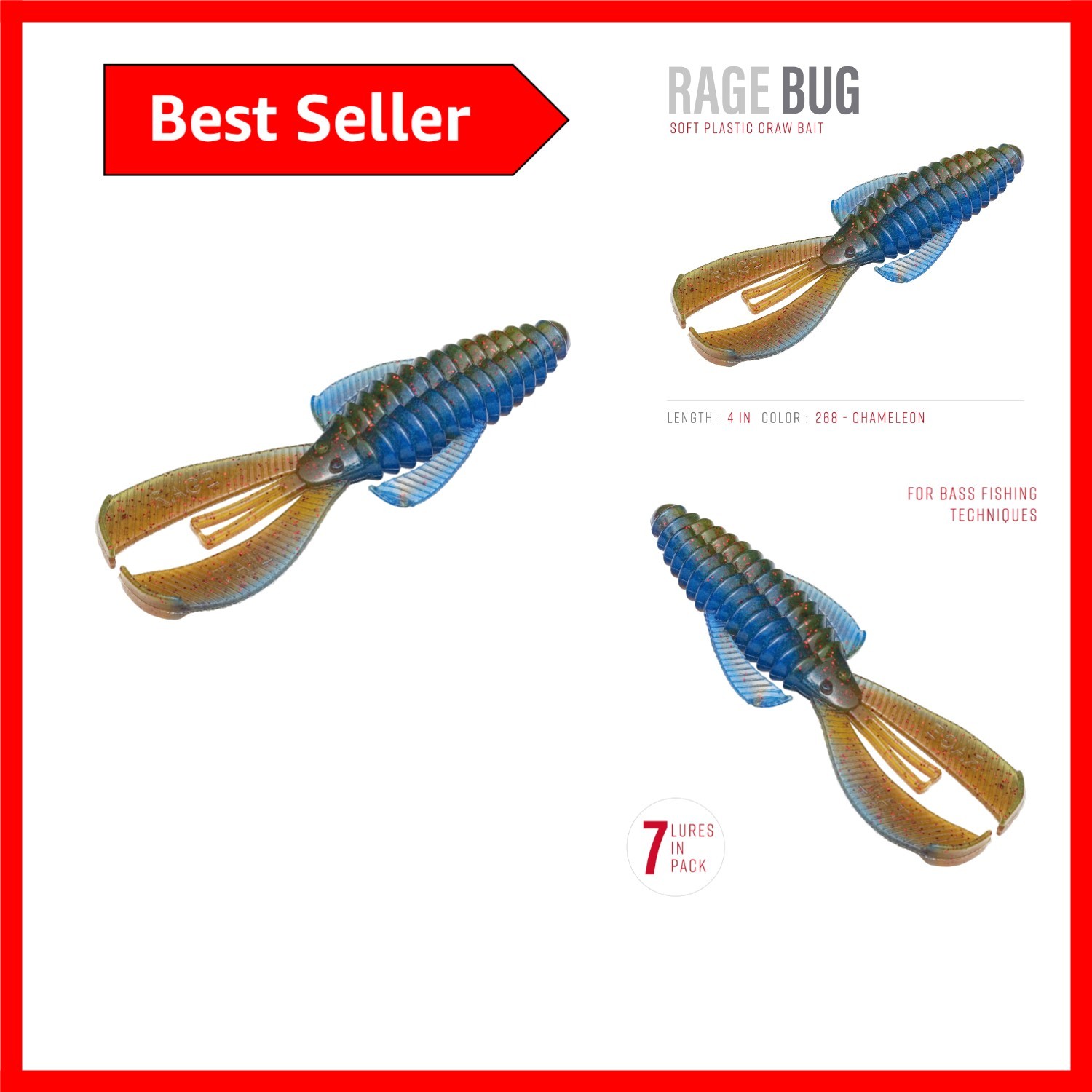 Versatile 4-Inch Rage Bug Lure Set – 7 Piece Soft Plastic Grubs for Bass Fishing