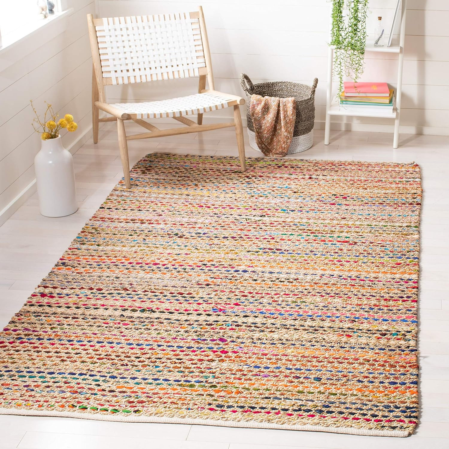 Handmade Boho Jute Area Rug - 6' Square, Natural & Multi, High Traffic Use