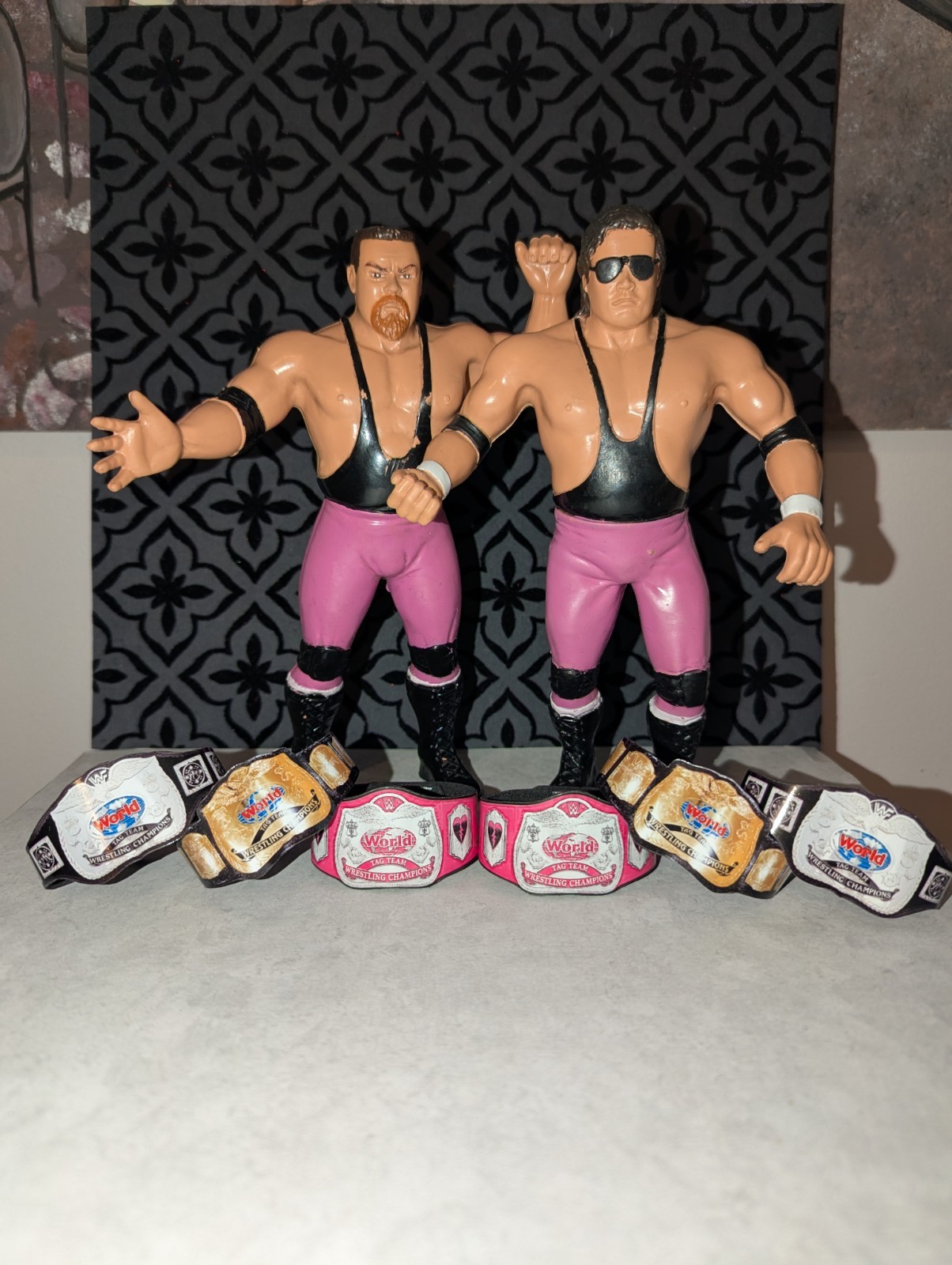 1987 Jim Bret Hart Foundation Wwe Wwf LJN Big Rubber Figure and 6 Custom Belts