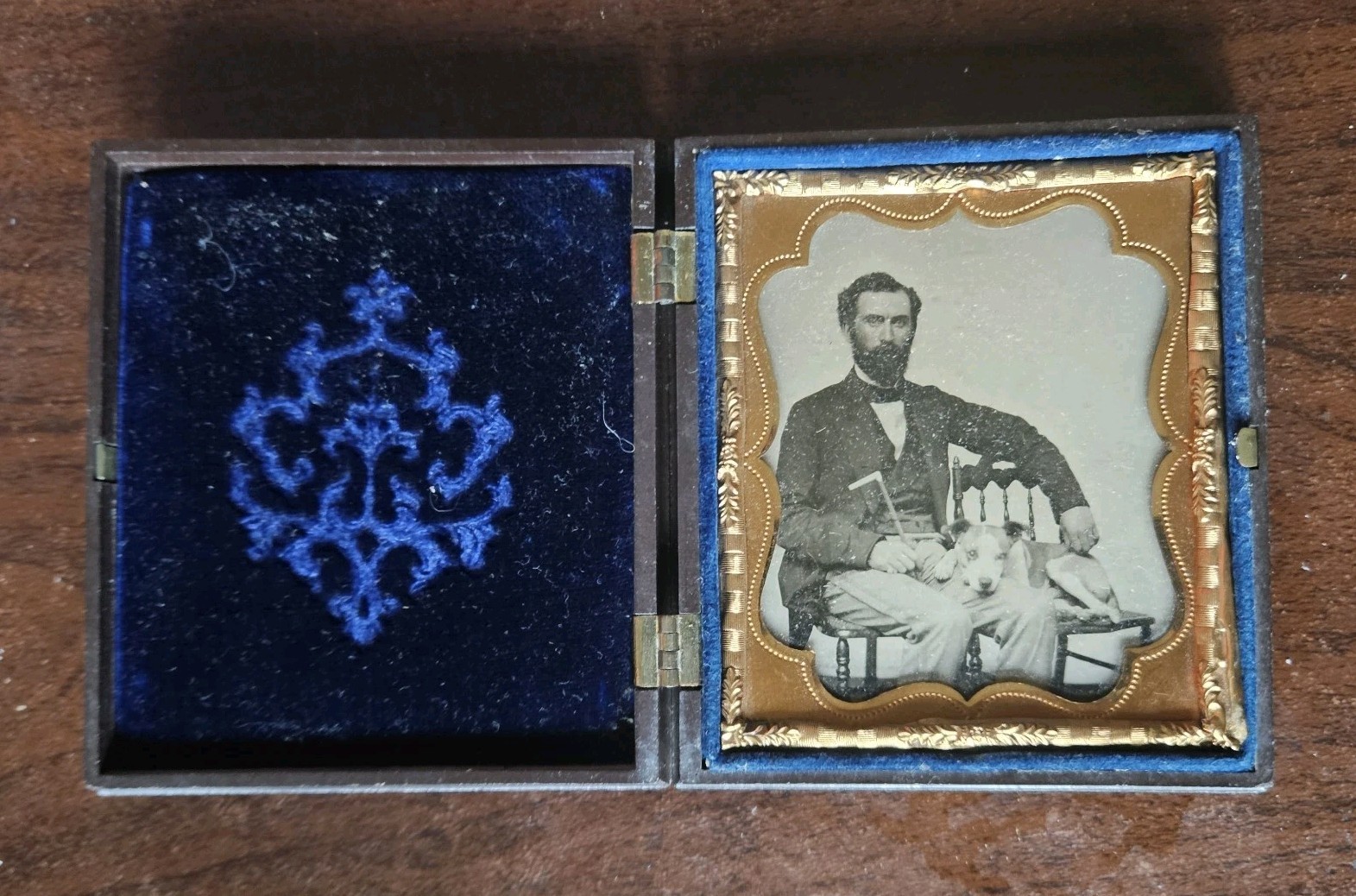 Ambrotype Photo Man w Walking Stick & Fox Terrier Dog in L P Gutta Percha Case Ambrotype Photo Man w Walking Stick & Fox Terrier Dog in L P Gutta Percha Case