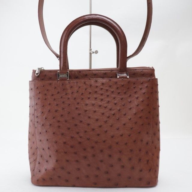 KWANPEN Ostrich Leather 2WAY Handbag Shoulder Bag Brown Exotic Skin Japan Used