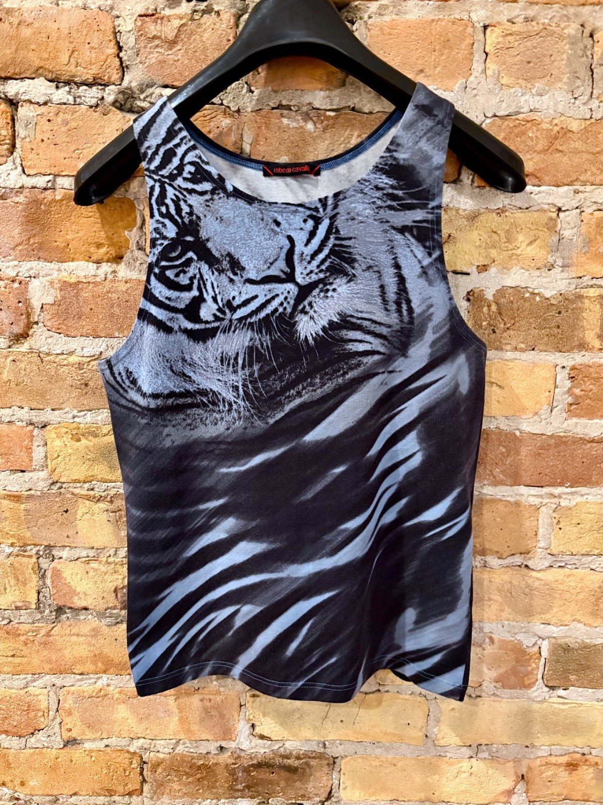 Vintage Roberto Cavalli Rare Blue & Black Tiger Tank Top Shirt Unisex Flawless