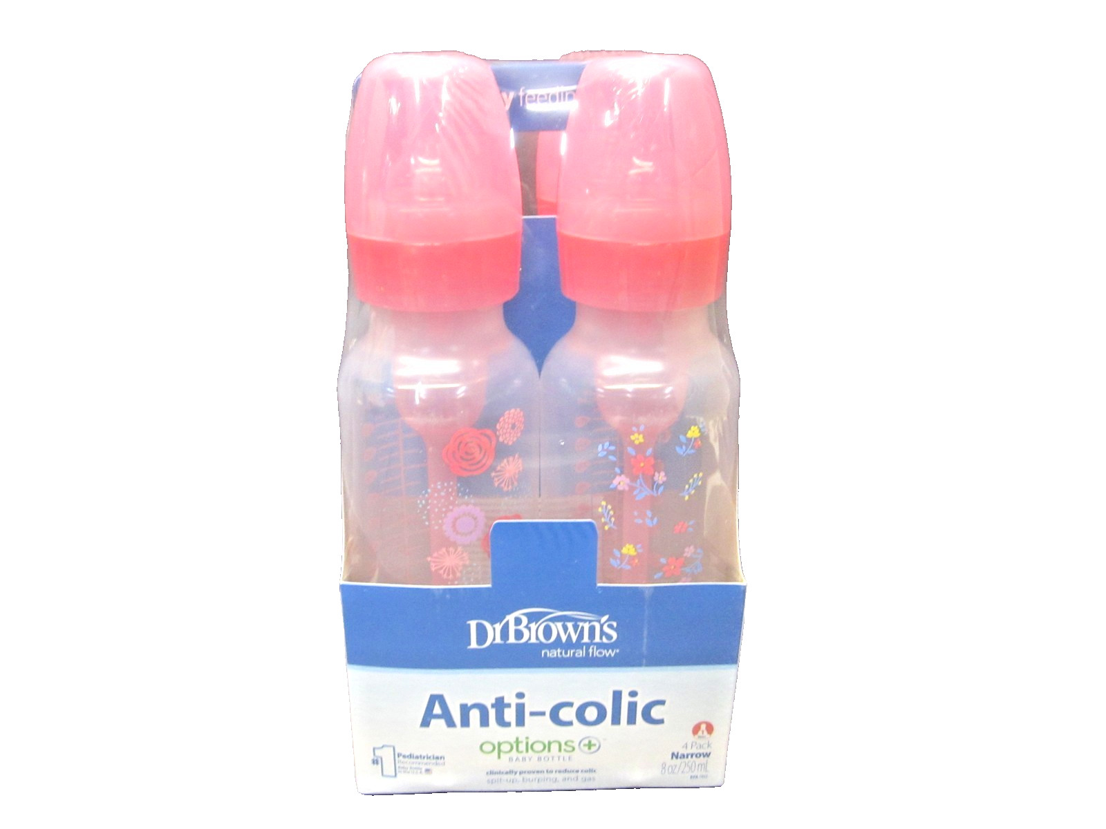 Dr. Brown\'s 8oz. Pink Floral Anti-Colic Options+ Narrow Baby Bottle - 4 Pack 