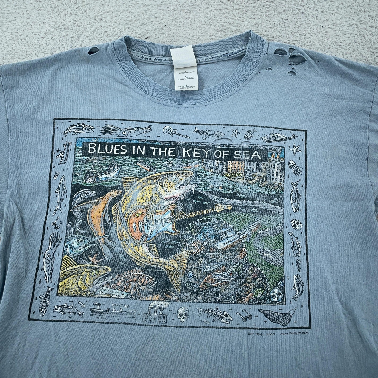 TRASHED Vtg Ray Troll Blues in the Key of Sea T-Shirt Mens Large Blue Fish Art
