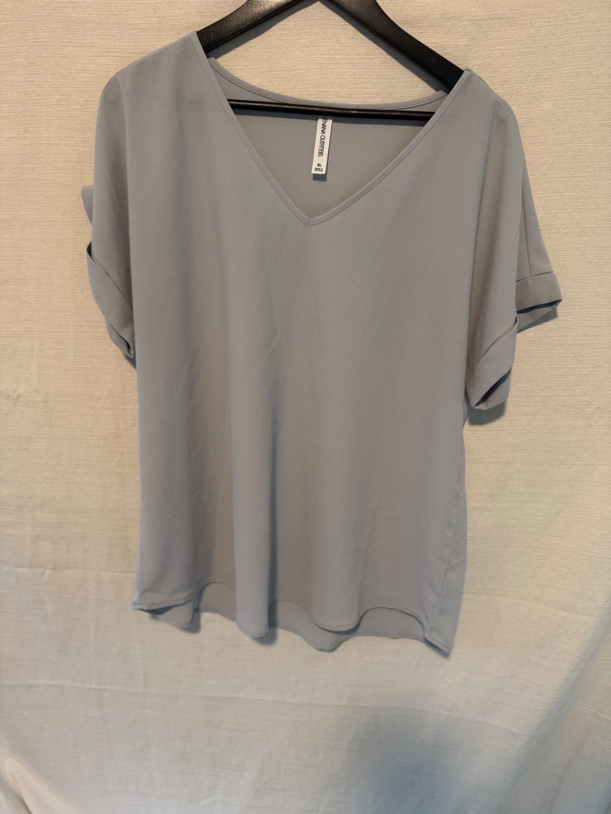 Zenana Outfitters Blouse Womens XL Gray Blue V-Neck Cuffed Short Sleeve Top Work
