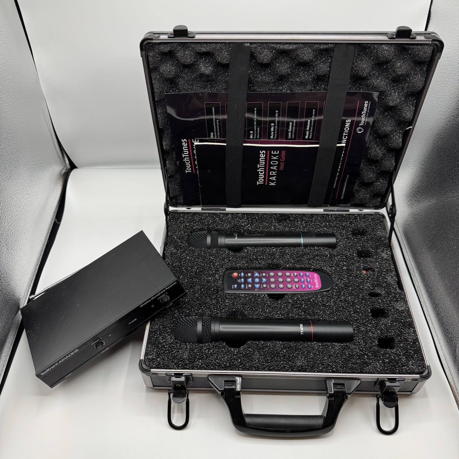 Touchtunes Karaoke Set Remote, 2 Wireless Microphones, Receiver, & Case Untested
