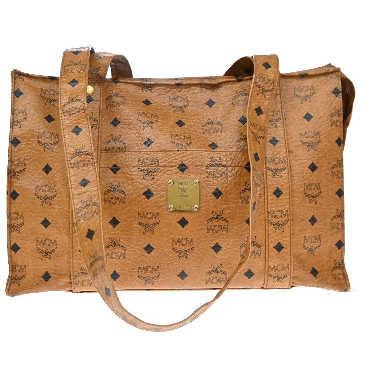 MCM Logo Visetos Pattern Shoulder Tote Bag Leather Brown Cognac GHW 60EG463