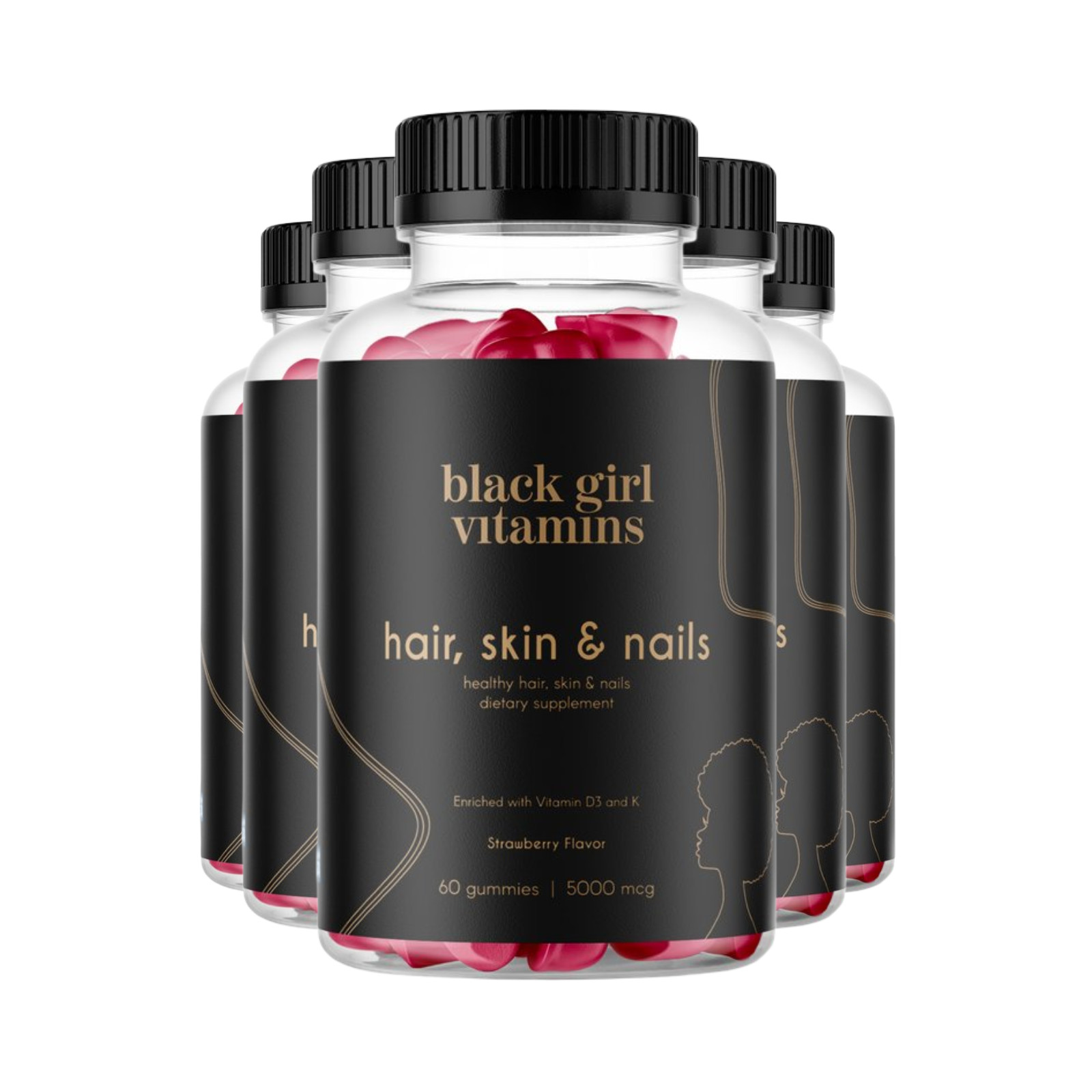 5-Pack Black Girl Vitamins Hair, Skin & Nails Support Gummies - 300 Gummies