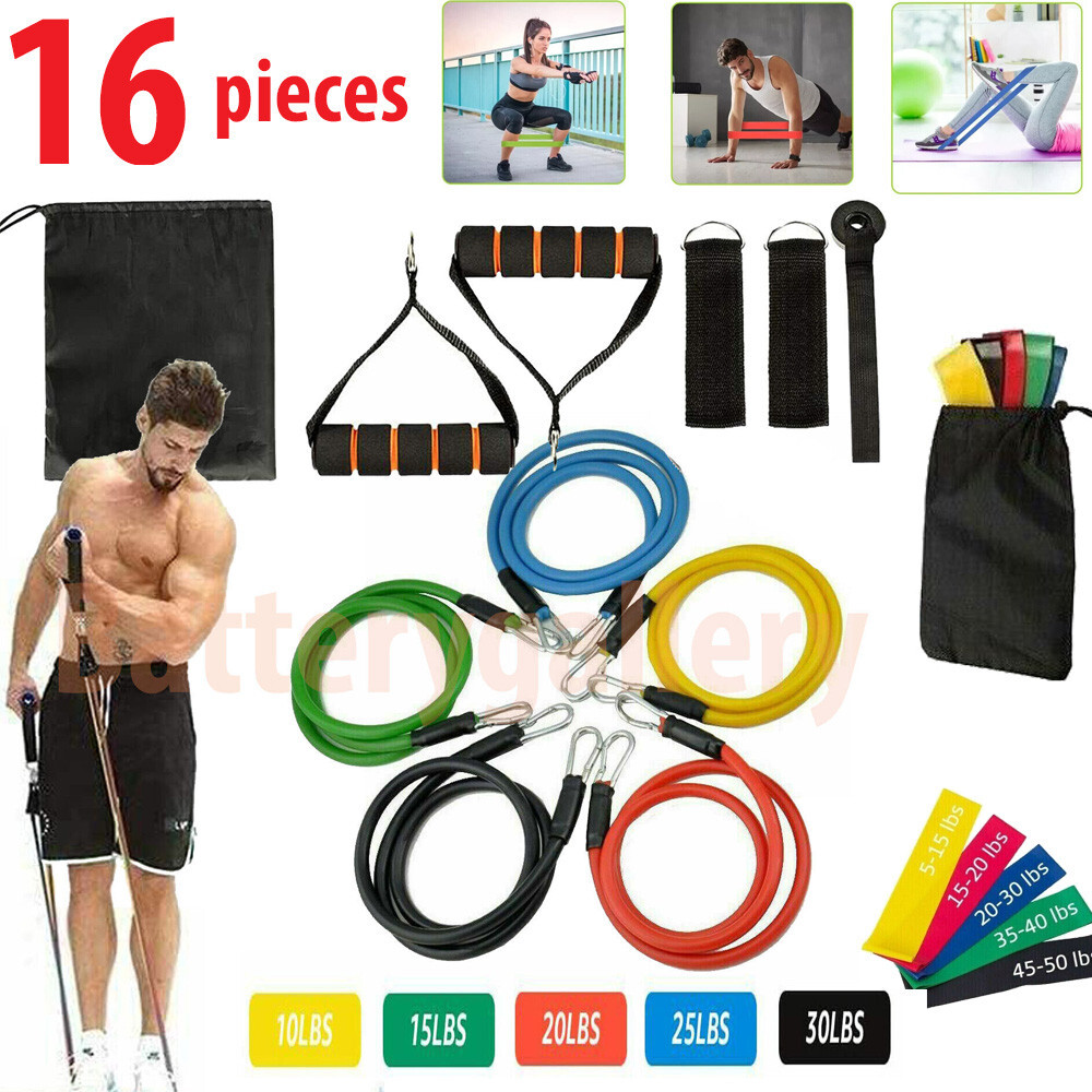 16 PCS Resistance Band Set Yoga Pilates Abs Exercise Fitness Tube Workout Bands