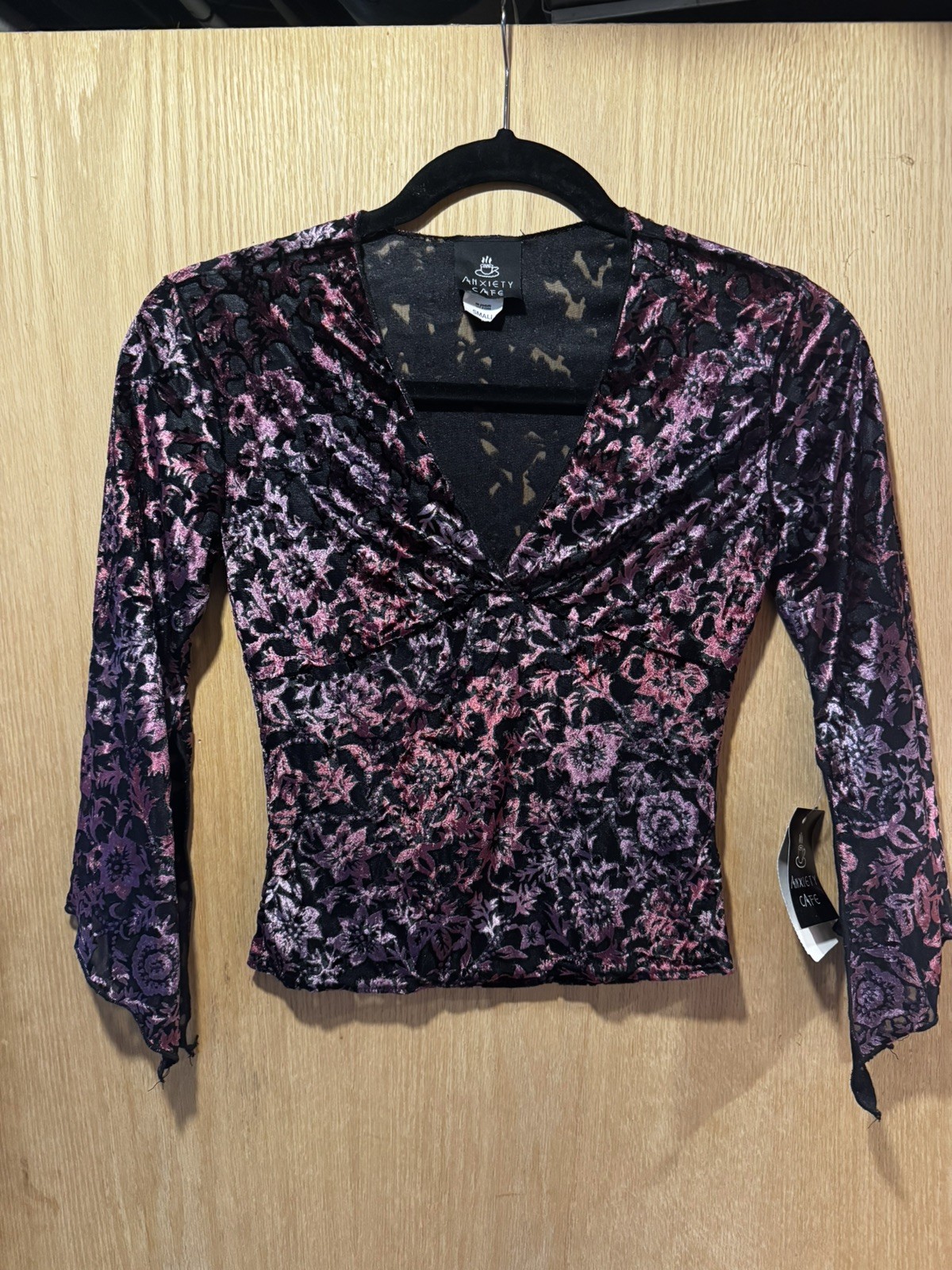 Anxiety Cafe Black Purple Burnout Velvet Sheer Top Sz S y2k deadstock vintage Anxiety Cafe Black Purple Burnout Velvet Sheer Top Sz S y2k deadstock vintage
