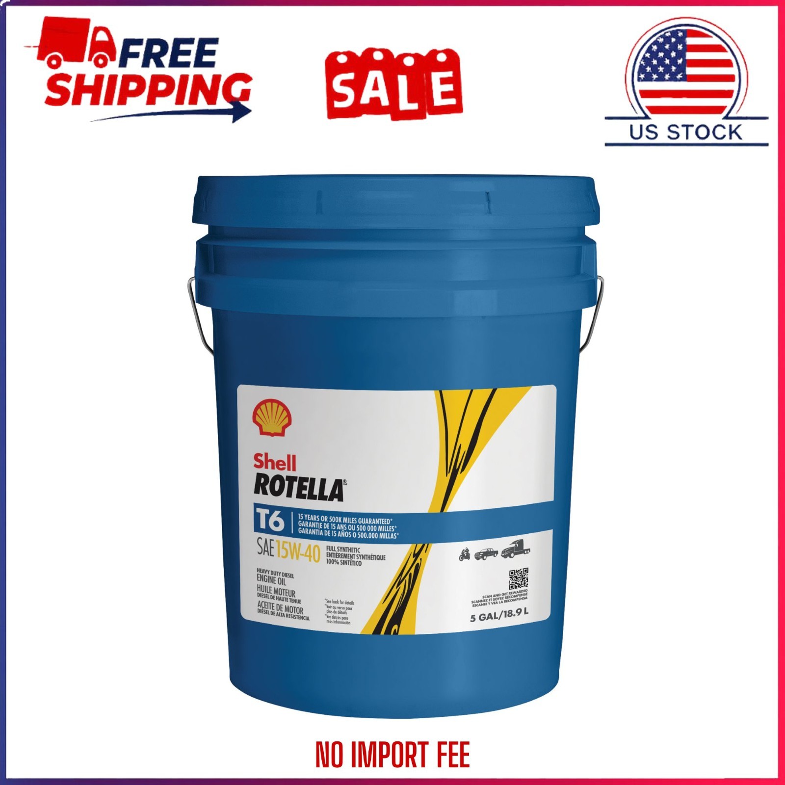 Shell Rotella T6 Full Synthetic 15W-40 Diesel Engine Oil, 5 Gallon