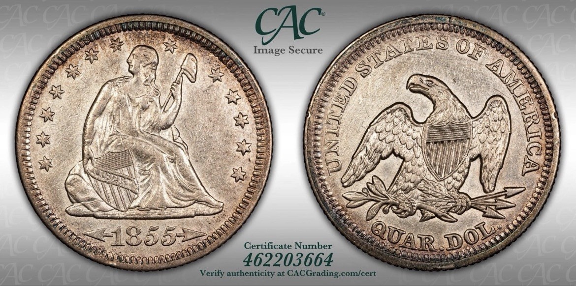 1855 Seated Liberty Quarter 25c XF Details CAC 1855 Seated Liberty Quarter 25c XF Details CAC