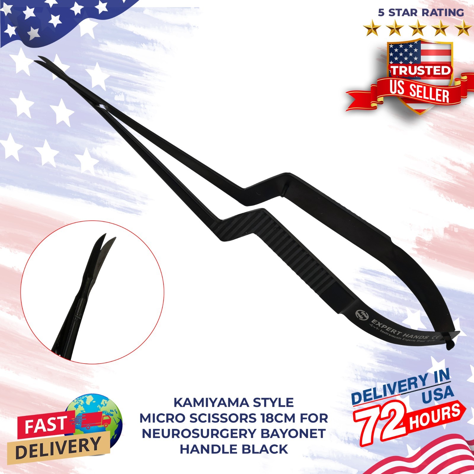 Kamiyama Style Micro Scissors 18cm For Neurosurgery Bayonet Handle Black