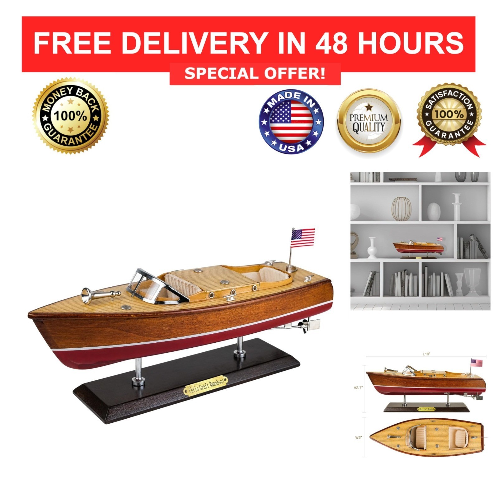SAILINGSTORY Wooden Speedboat Model Chris-Craft Runabout Boat Yacht Decor 15