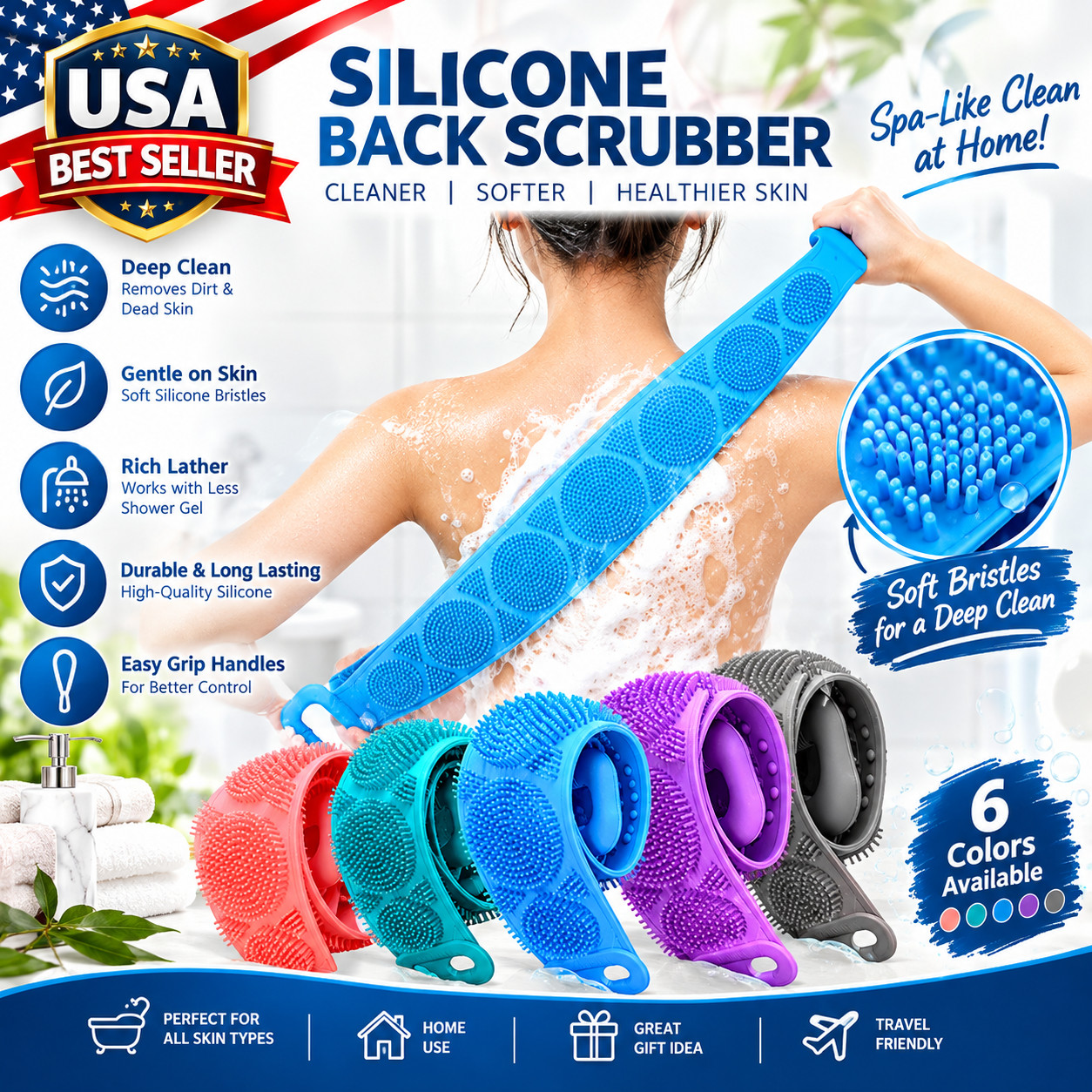 Silicone Body Back Scrubber Double Side Bathing Brush For Skin Deep Cleaning
