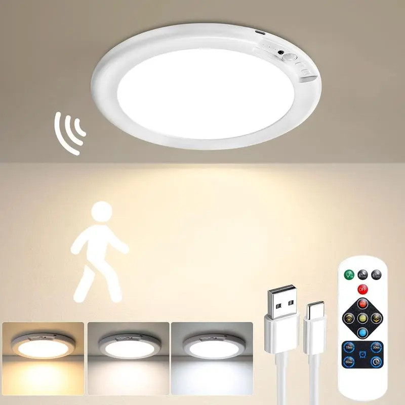 Rechargeable LED Ceiling Light Motion Sensor Remote 3 Color Magnetic Wireless