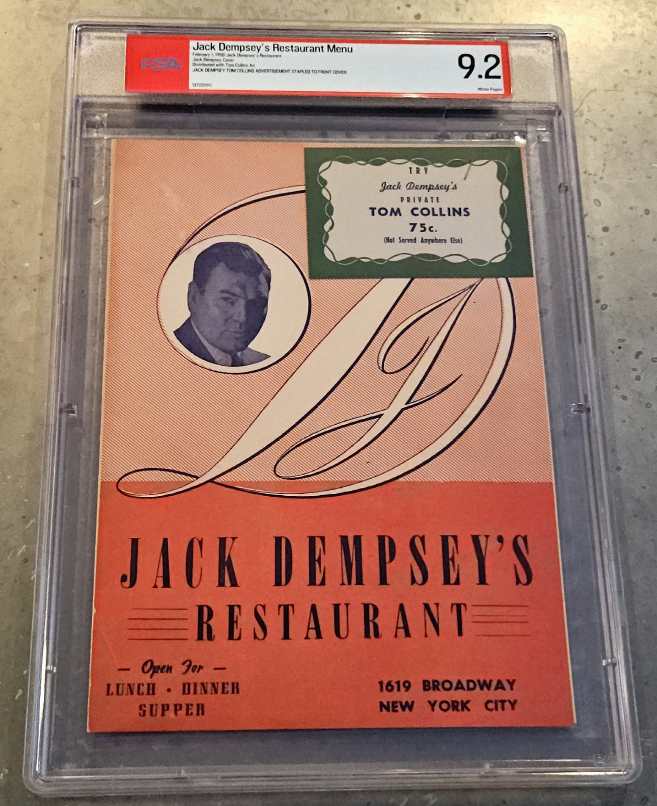 1958 JACK DEMPSEY'S🍸Restaurant Menu 🍴 Boxing Heavyweight Champ 🥊 PSA 9.2 💎 1958 JACK DEMPSEY'S🍸Restaurant Menu 🍴 Boxing Heavyweight Champ 🥊 PSA 9.2 💎