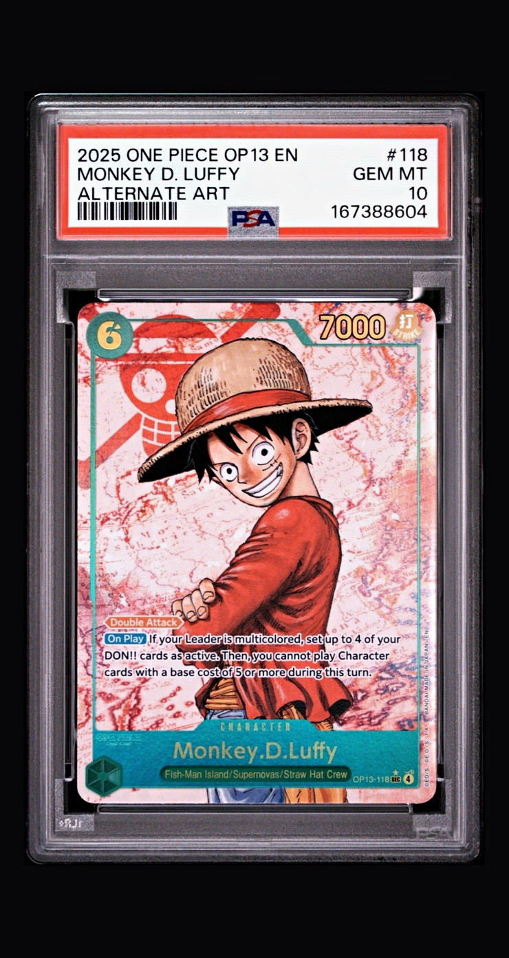 Bandai One Piece CCG Monkey D. Luffy OP13-118 SEC EN 2025 PSA 10 Alt Art Foil Bandai One Piece CCG Monkey D. Luffy OP13-118 SEC EN 2025 PSA 10 Alt Art Foil
