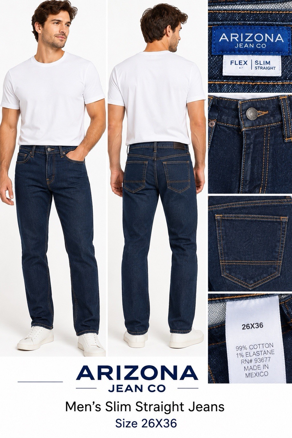 Arizona Jean Co. Men 26X36 Slim Straight Flex Denim Blue Jeans Dark Wash (GH)