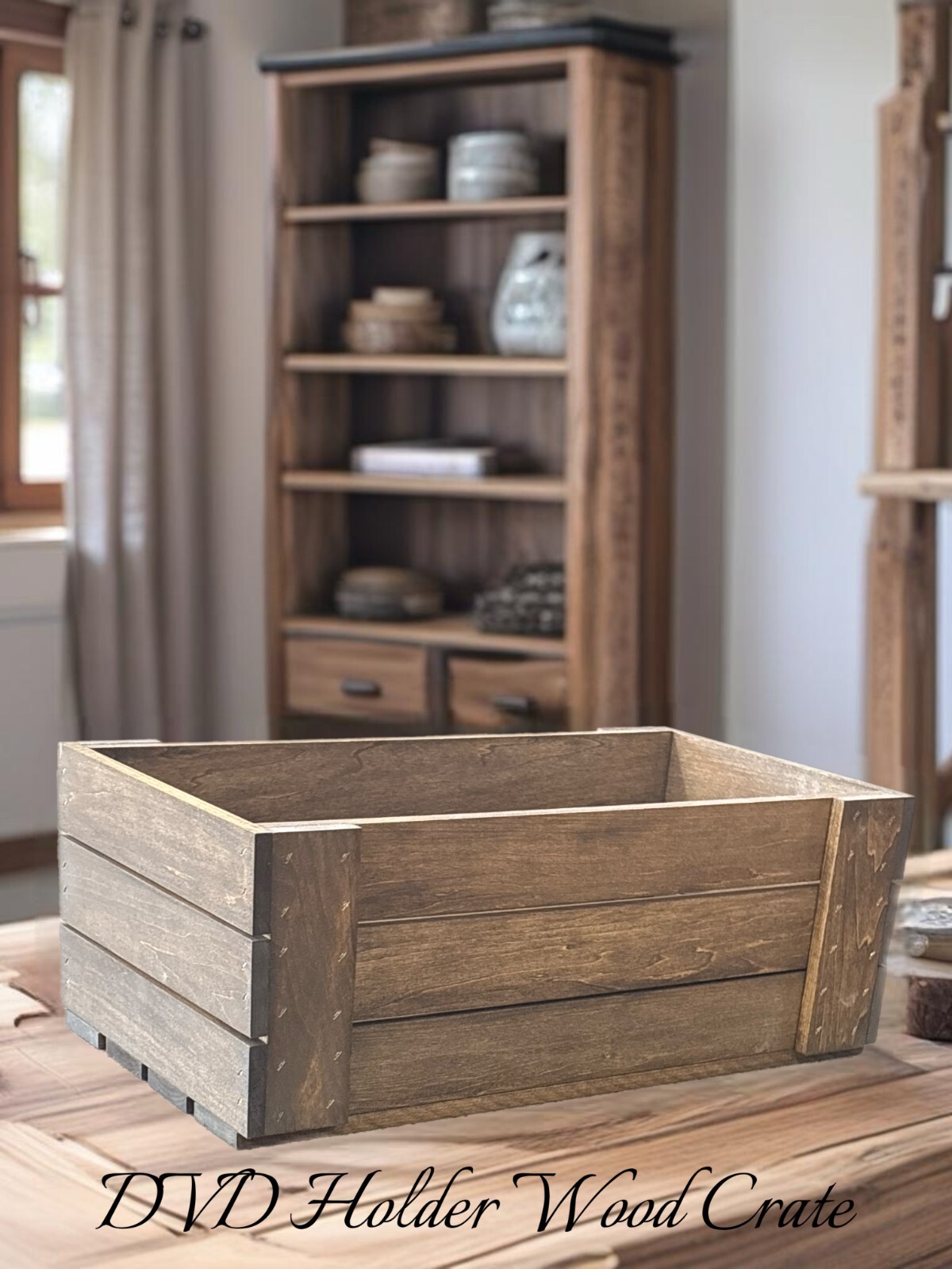 Rustic Wooden DVD Storage Crate – Handmade Medium Brown Stained Organizer