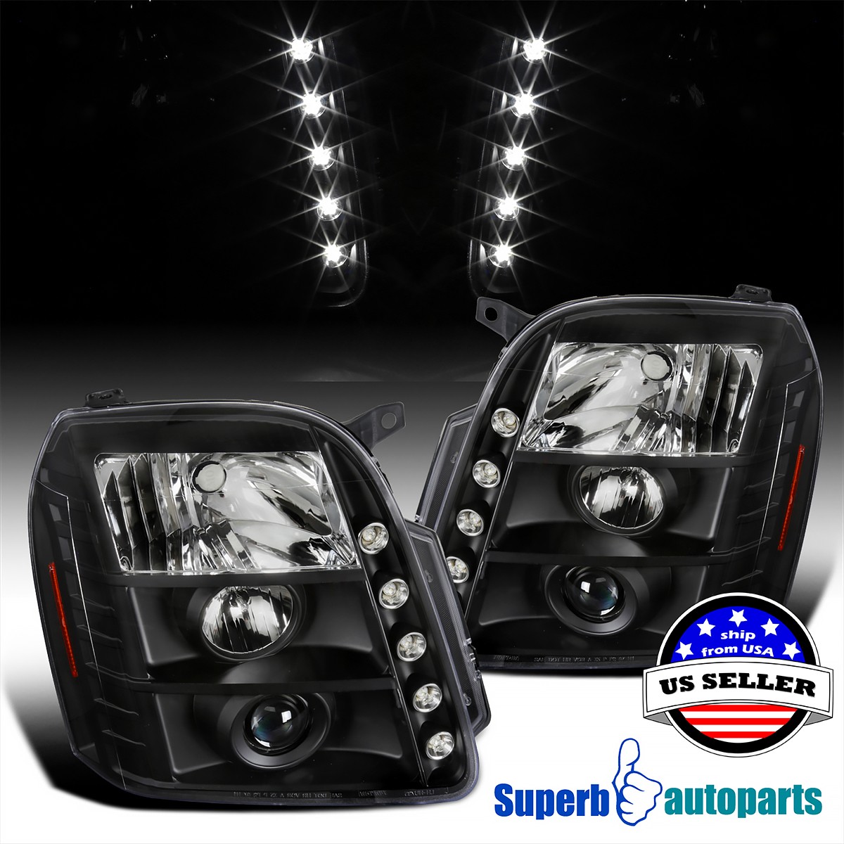 Fits 2007-2014 GMC Yukon Denali XL Halo Projector Headlights Black LED Strip