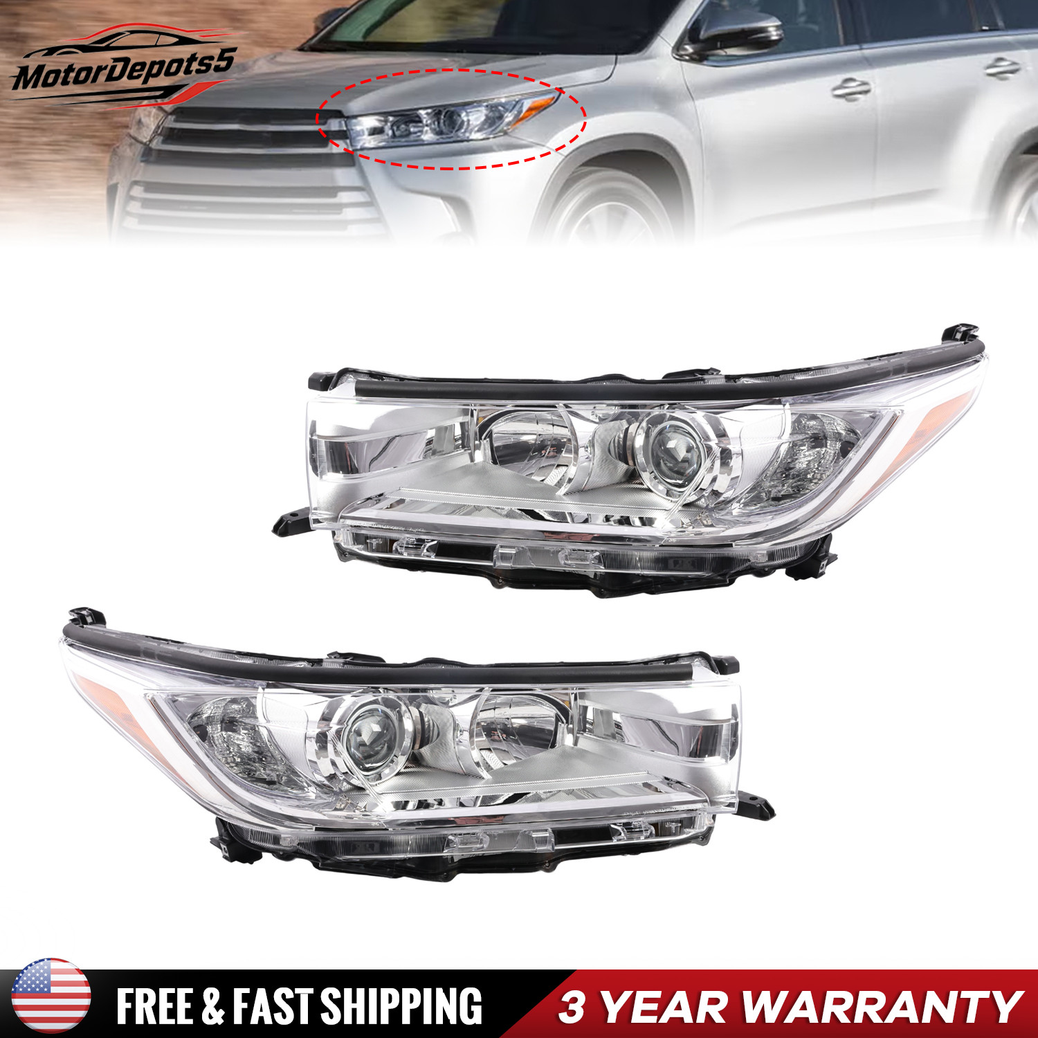For 2017-2019 Toyota Highlander Pair Projector Headlamps W/O LED DRL LE XLE