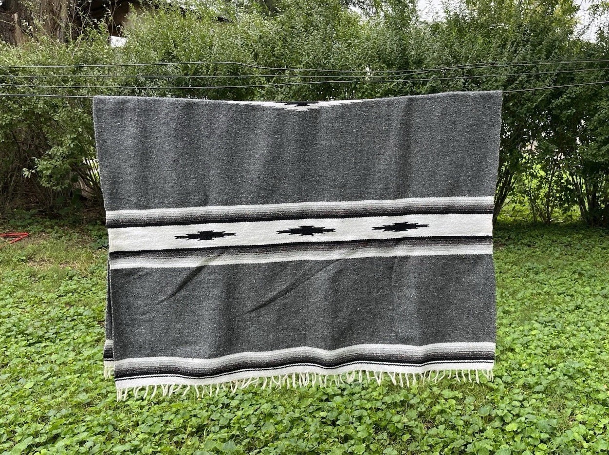 Vtg Mexican Falsa Blanket Textiles Gray Black White Aztec Southwestern 51”x73”