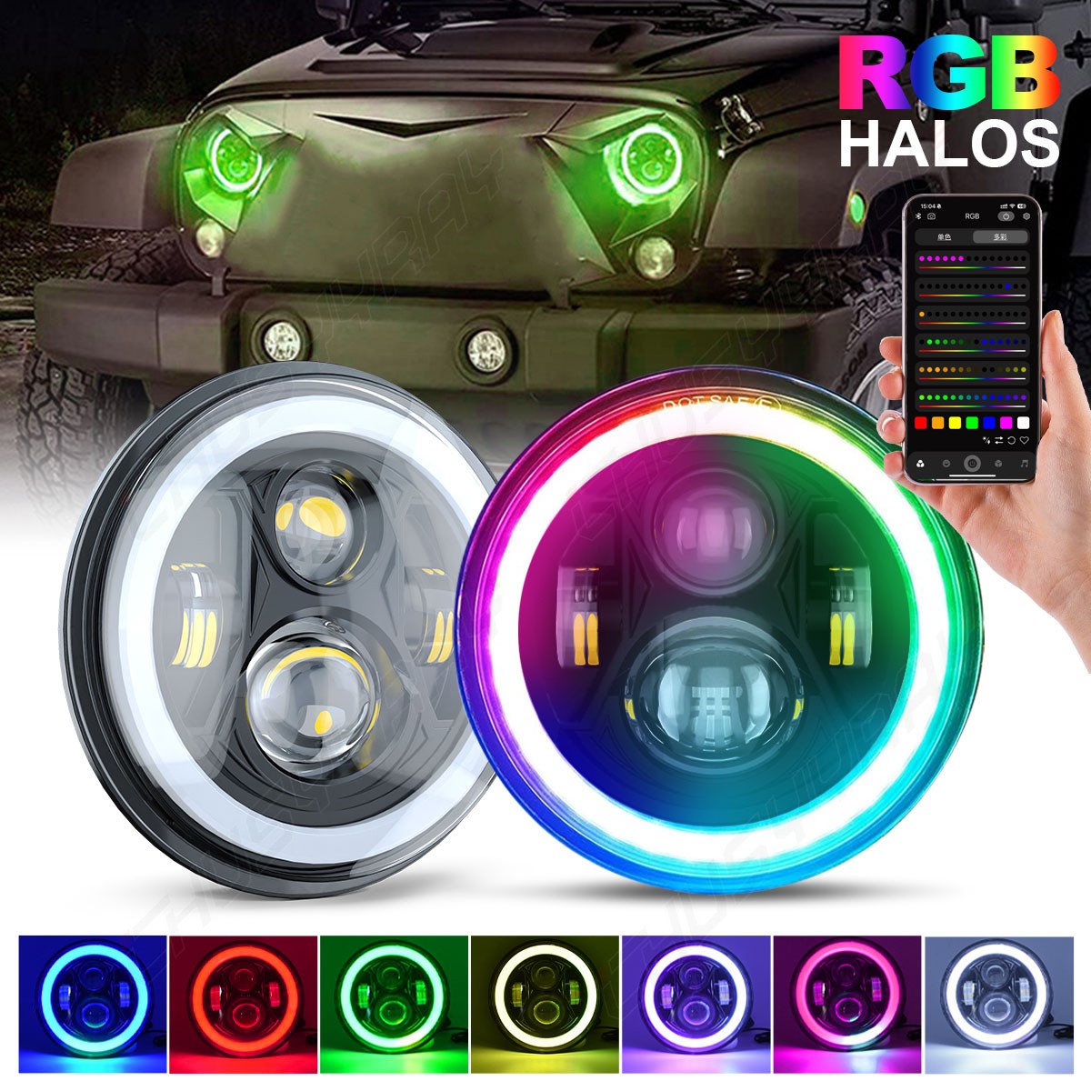 Pair Fit 1965 -1972 Ford mustang 7 Inch RGB Round Led Headlights Hi/Lo Beam