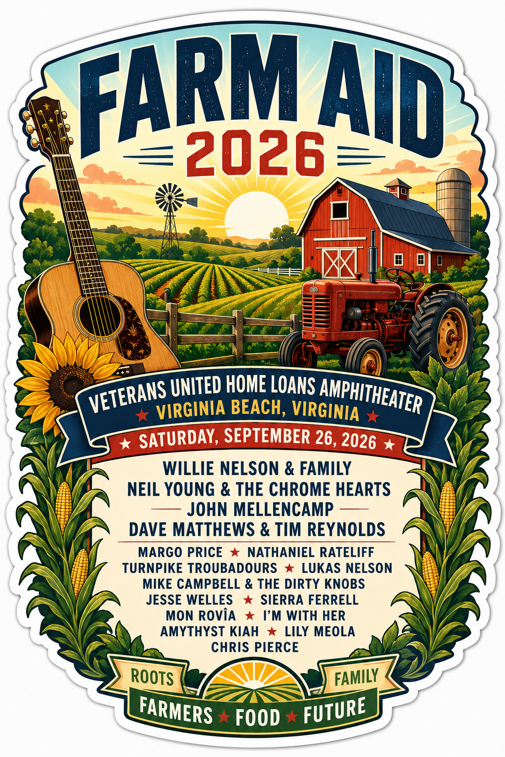 Farm Aid 2026 Sticker  Willie Nelson John Mellencamp Dave Matthews