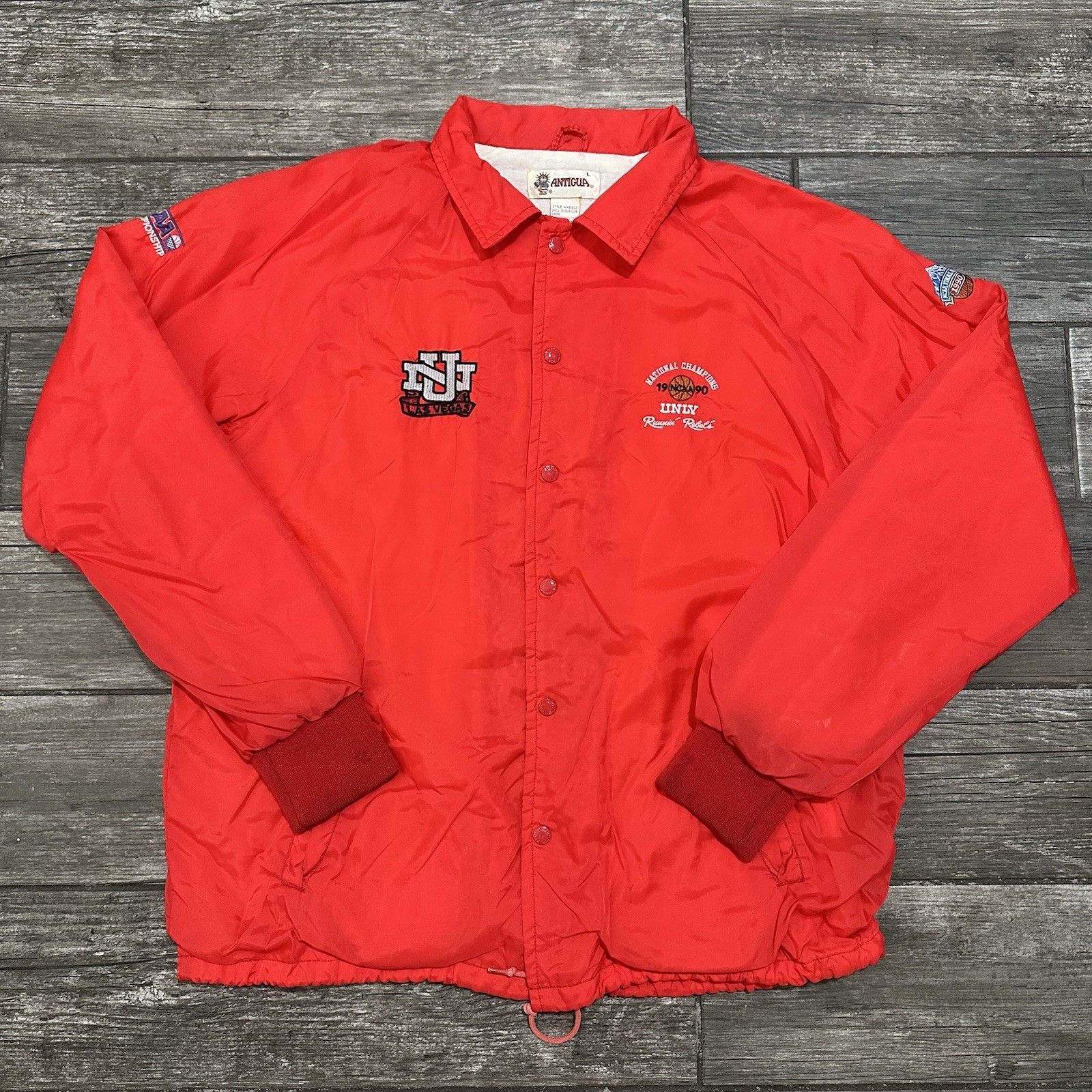 VTG 1990 UNLV RUNNIN REBELS NATIONAL CHAMPS BASKETBALL RED JACKET WINDBREAKER L