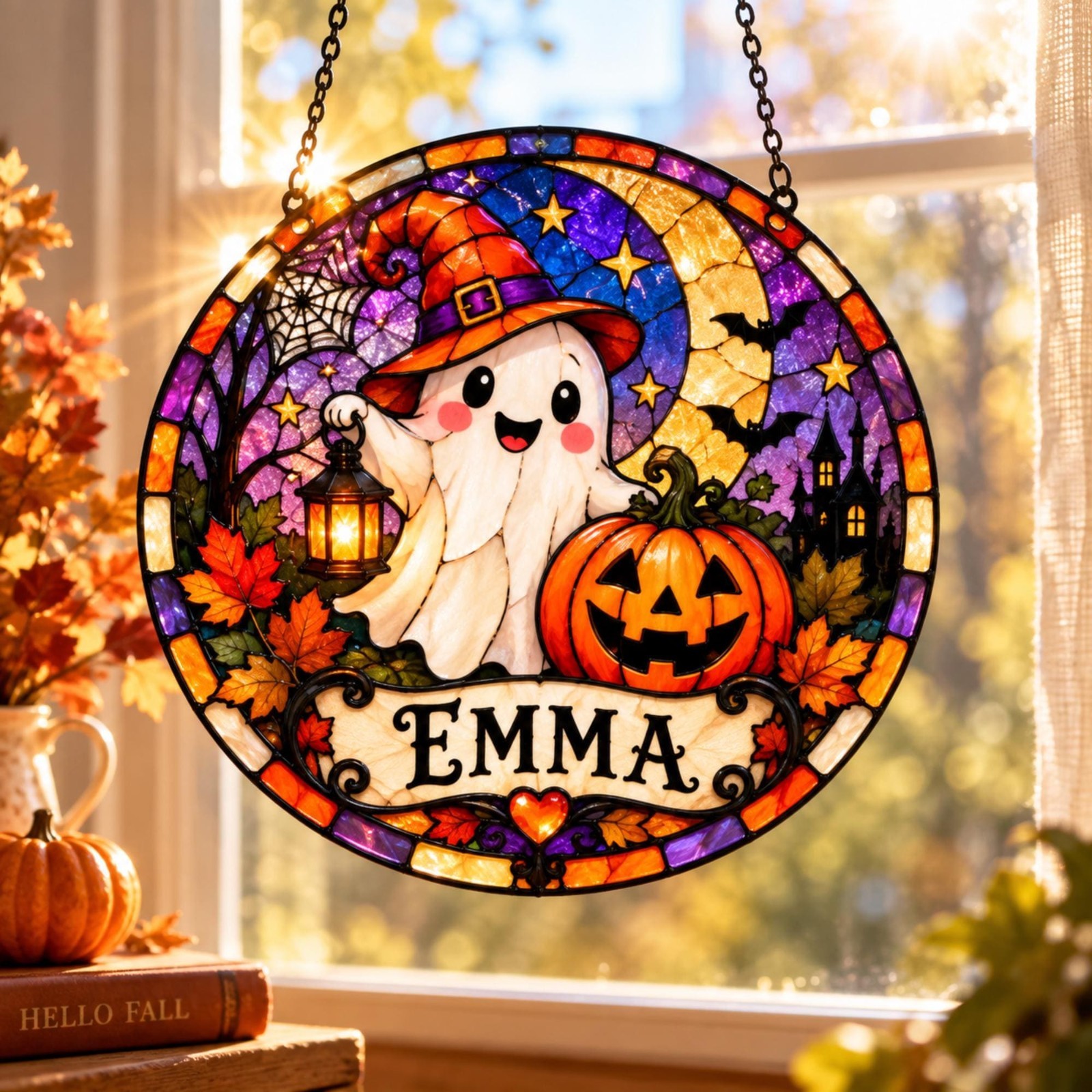 Personalized Halloween Suncatcher, Custom Name Glass Window Hanging, Pumpkin