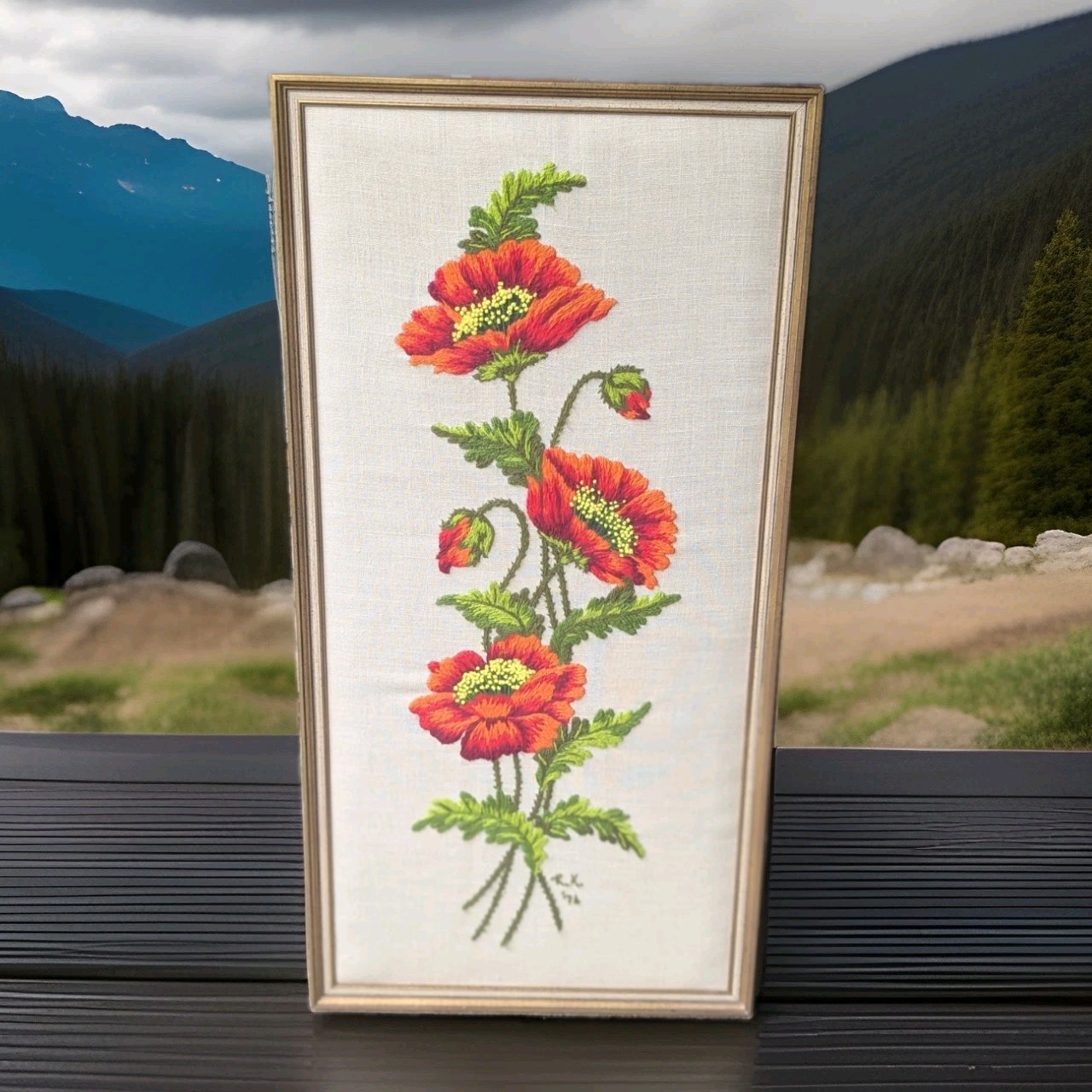 Vtg MCM 1974 POPPIES in BLOOM Completed Crewel Embroidery Needlecraft Framed Vtg MCM 1974 POPPIES in BLOOM Completed Crewel Embroidery Needlecraft Framed
