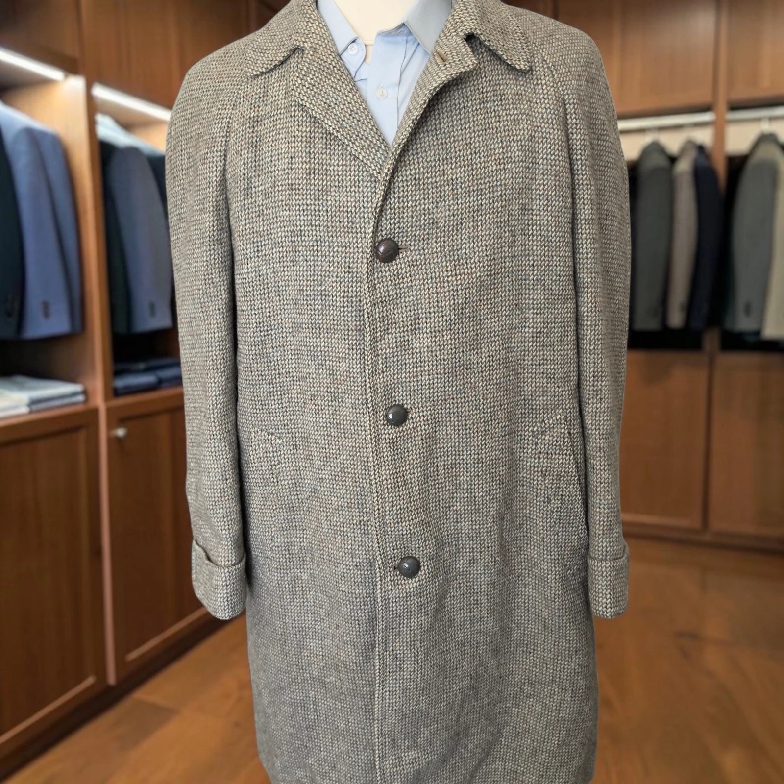 Vintage 1950s Tweed Overcoat 42r Raglan Sleeve Removable Wool Liner Bespoke