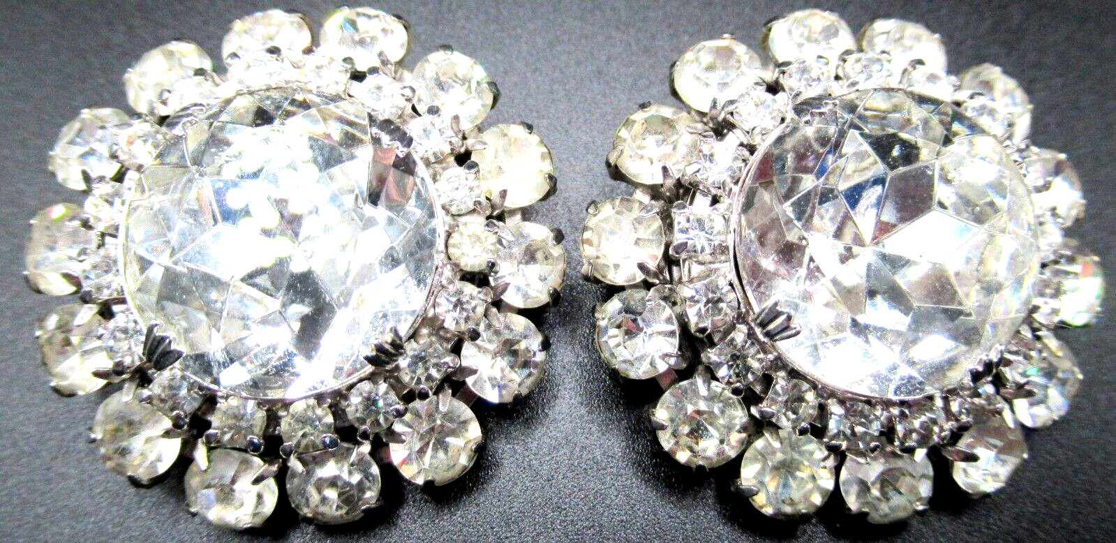 SCHREINER Unsigned HUGE Blinding Ice Rhinestone Headlight Vintage Clip Earrings