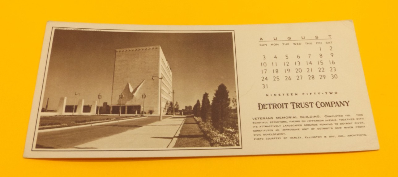 Vtg August 1952 Detroit Trust Company Calendar Cardstock Michigan Wayne State