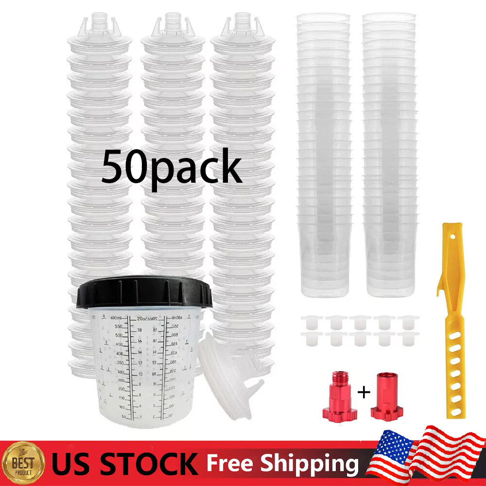 50Pack Disposable Paint Spray Gun Cup Liners and Lid System (125 Mic) 20oz 600ML