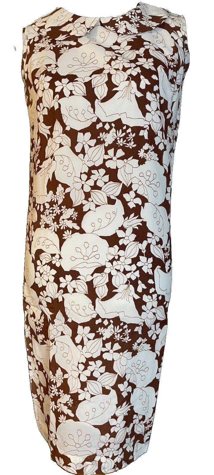 Vtg 60s Aldens Peter Pan Collar Dress 10 Brown Ivory Floral Sleeveless Classic