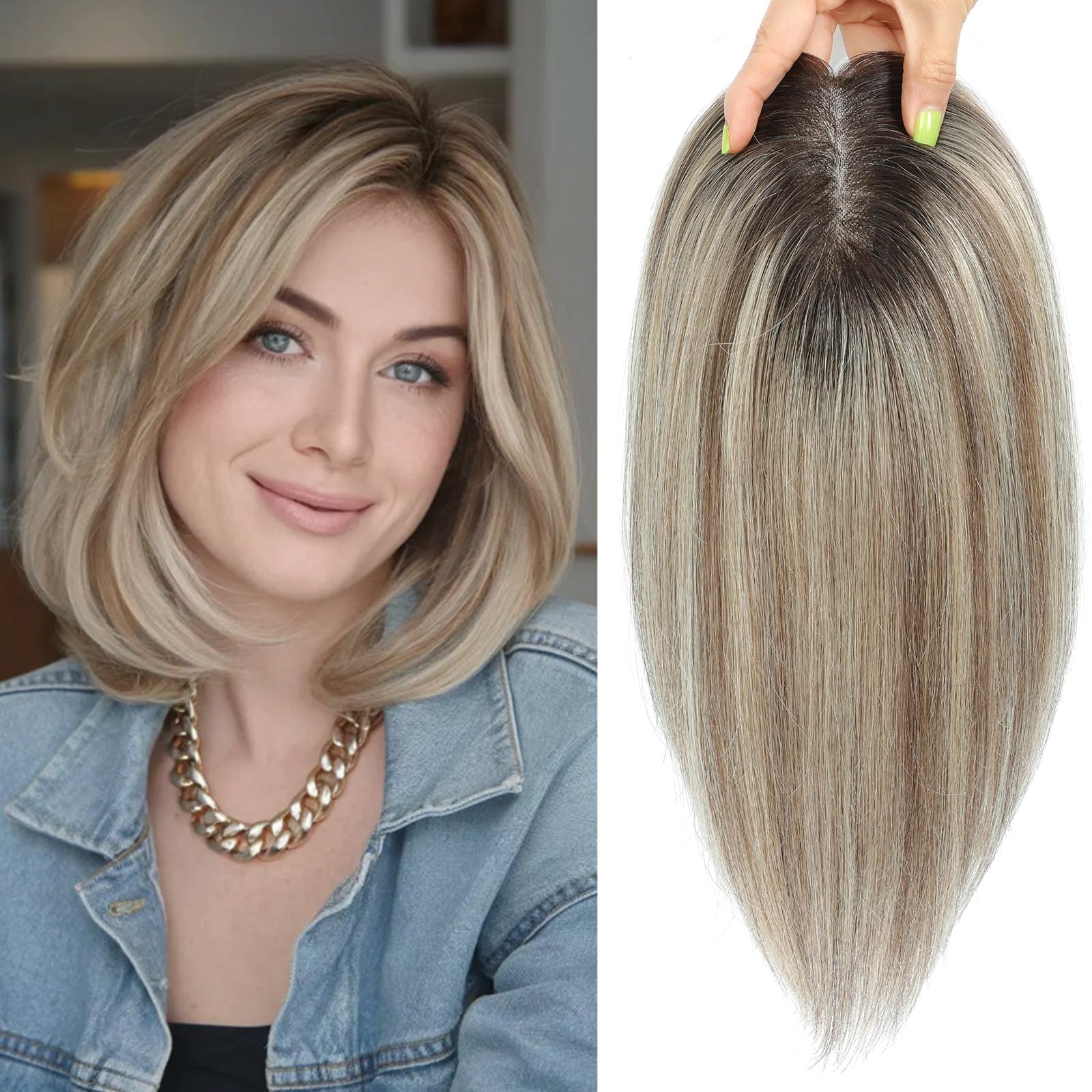 lagomance 12 inch Human Hair Topper Ombre Light Brown with Blond Highlight Mono