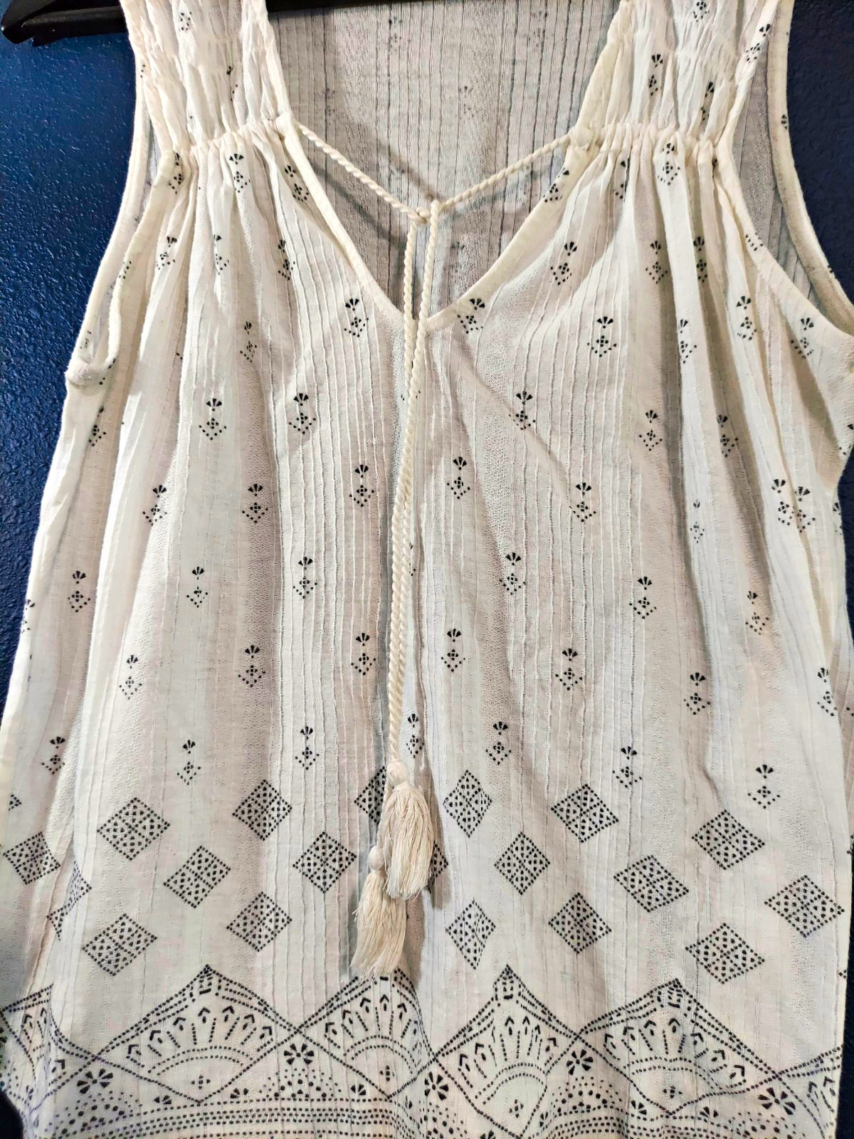 Lucky Brand Womens Sleeveless V-Neck Tassel Tie Geometric Tank Top L White/Black
