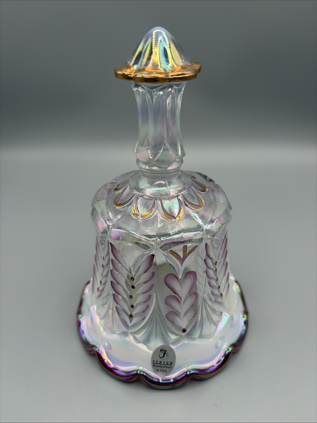 Vintage FENTON Purple & Gold Opalescent 6.5” Glass Bell Signed By F. Enoch DT