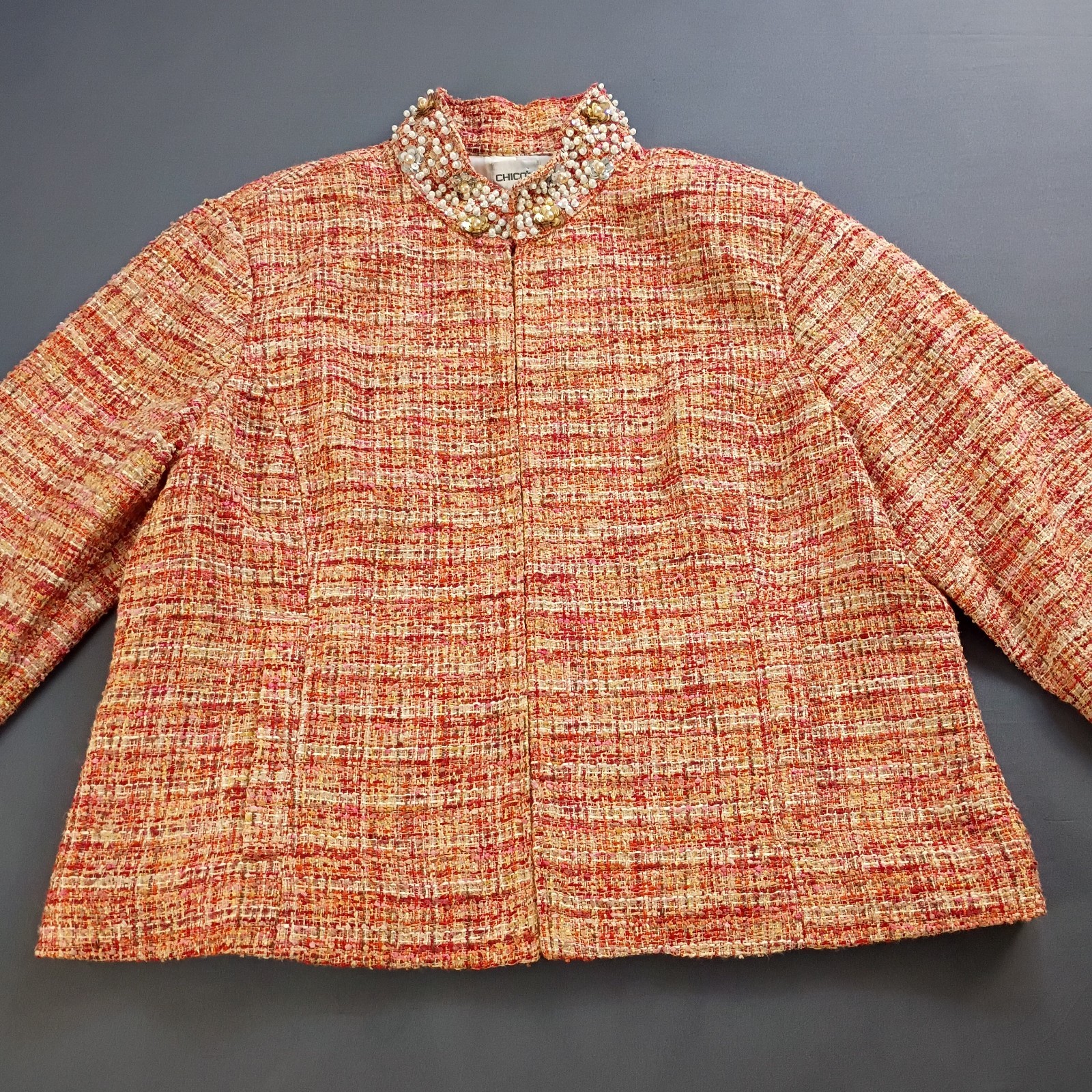 Chico\'s Women\'s Orange Pink Beige Tweed Jacket Beaded Sequin Collar size 3/XL Chico\'s Women\'s Orange Pink Beige Tweed Jacket Beaded Sequin Collar size 3/XL