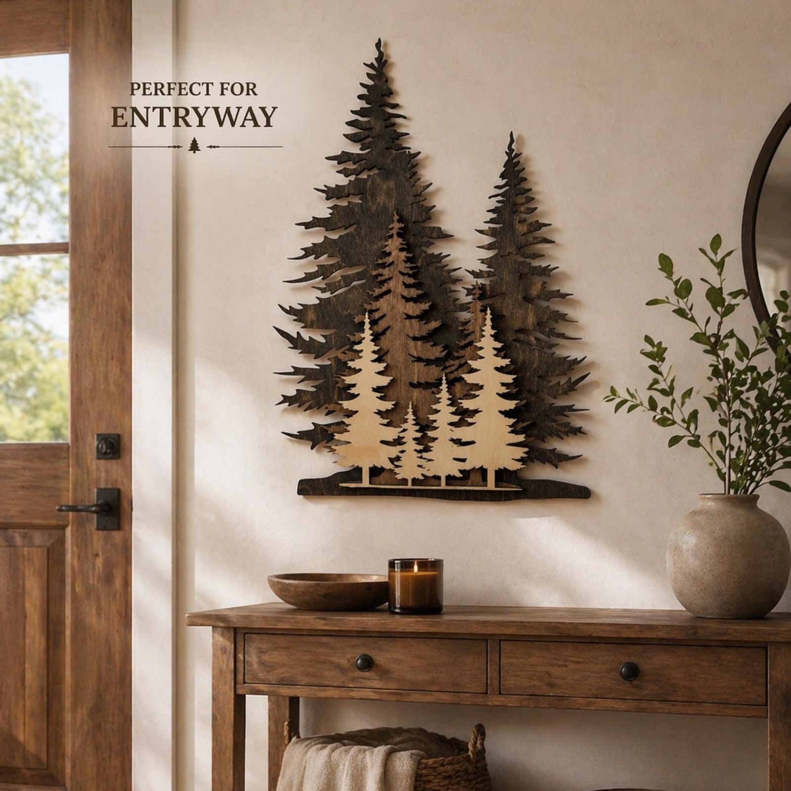 Layered pine tree decor,  rustic cabin nature-inspired home design