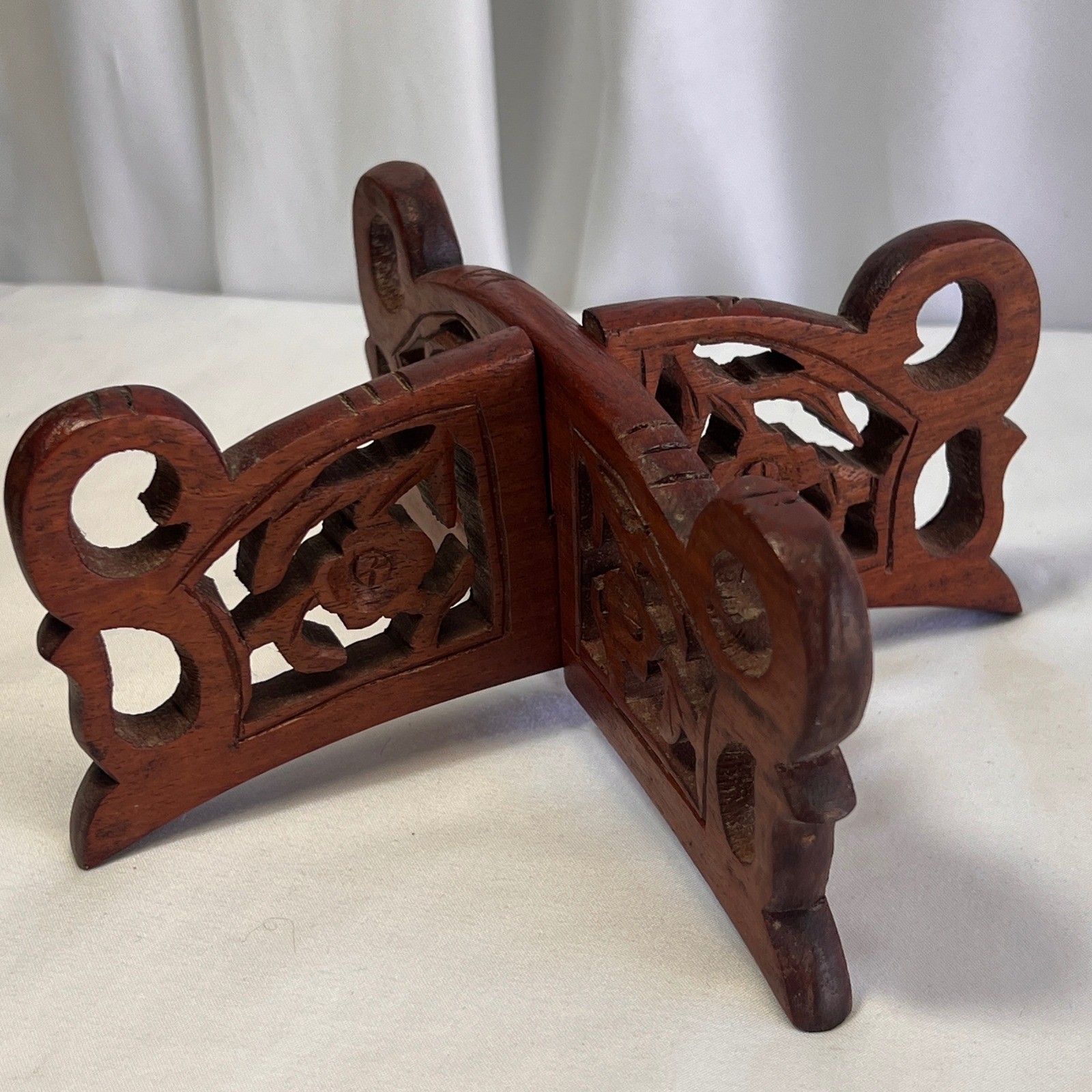 Vintage Hand Carved Wood Interlocking Display Stand Floral Scroll Bowl Base