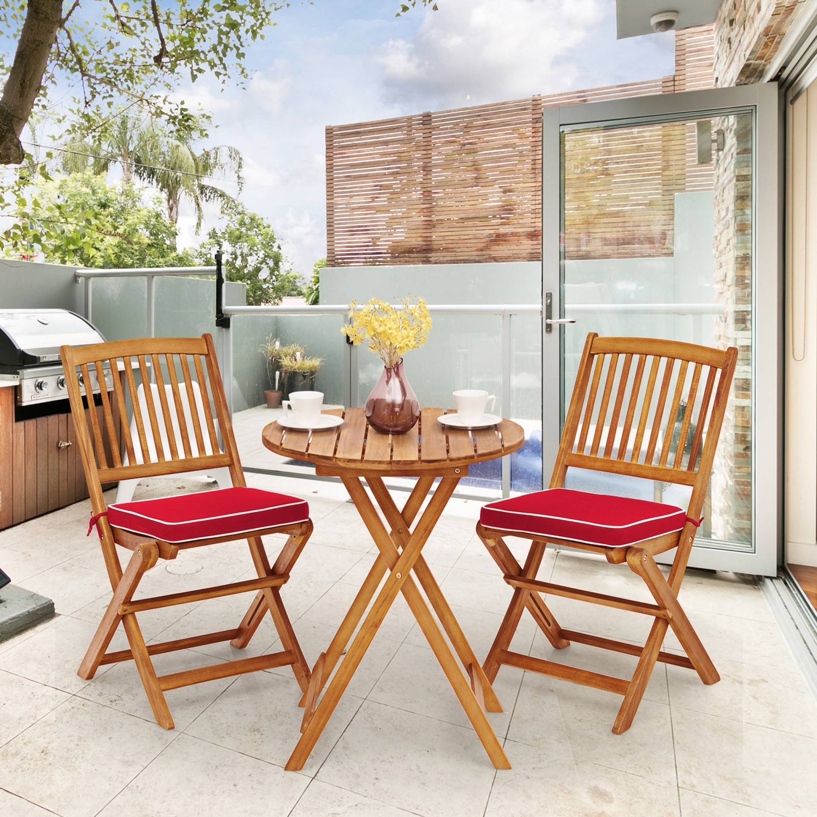 3PCS Folding Acacia Wood Bistro Set Patio Conversation Set w/ Red Cushions 3PCS Folding Acacia Wood Bistro Set Patio Conversation Set w/ Red Cushions