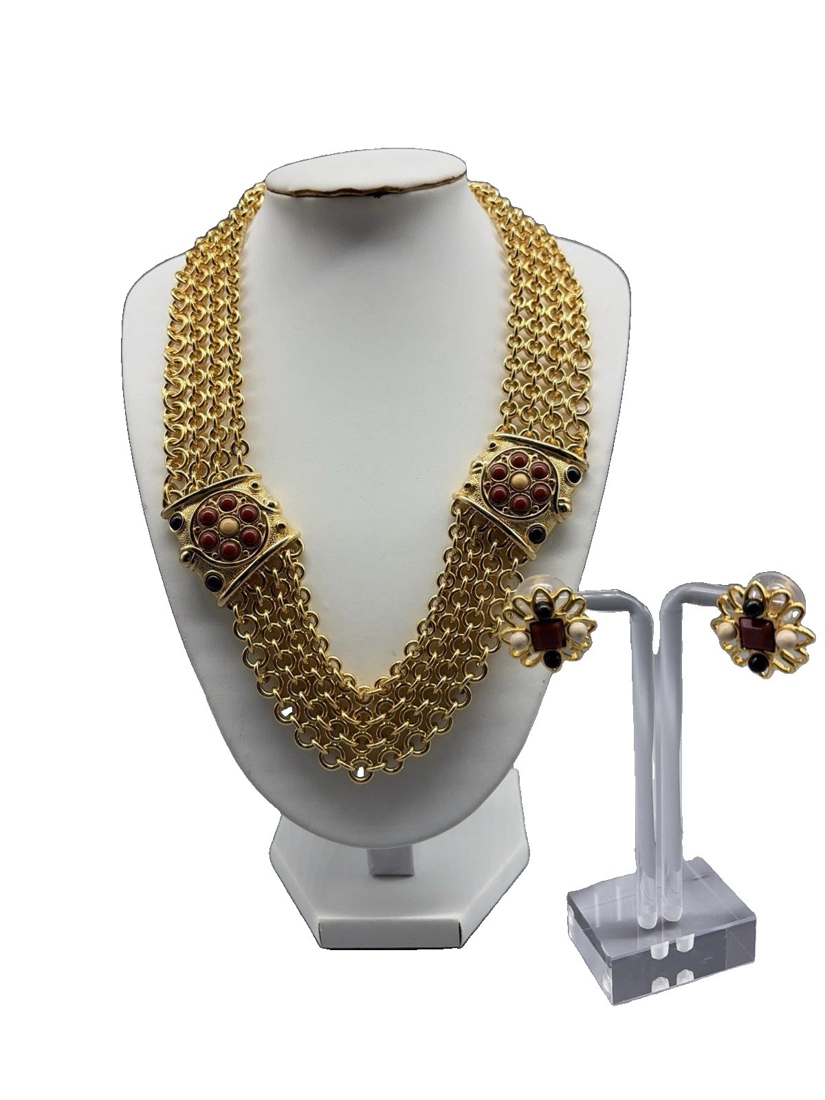 VTG Monet Etruscan Necklace And Earring Set Multi Strand Chain 1970s Signed